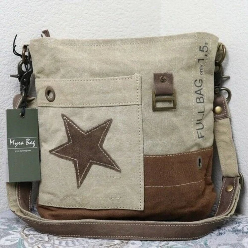 NEW Myra Bag Vintage STAR Canvas Shoulder Bag Leather Purse,dfh
